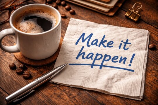 Motivational phrase penned on a napkin with a fresh coffee cup nearby