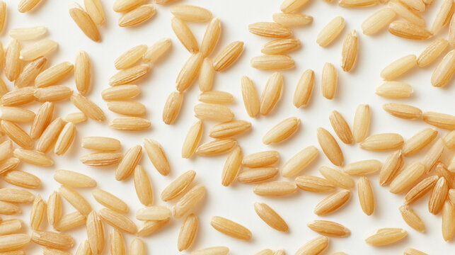 Top view of uncooked brown rice grains evenly spread on white background, clean minimal composition, soft natural lighting, subtle shadows concept for digital content