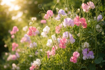 Obraz premium Sweet pea vines showcasing tender flowers in natural sunlight