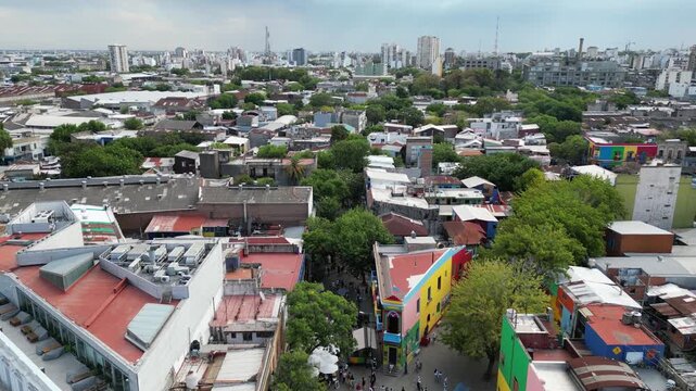 Aerial view of colorful La Boca neighborhood and low-rise urban landscape in Buenos Aires, Argentina