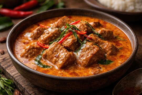 Rich and spicy Panang curry with slow-cooked pork pieces