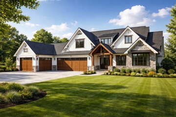 Obraz premium Stylish home exterior presenting a triple vehicle garage and a radiant green grass lawn illuminated by sunlight with a vivid blue sky backdrop.