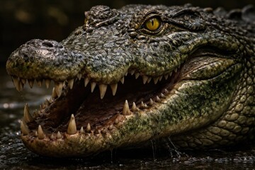 Fototapeta premium majestic fierce green alligator head featuring sharp teeth and vivid yellow eyes