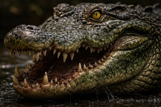 majestic fierce green alligator head featuring sharp teeth and vivid yellow eyes