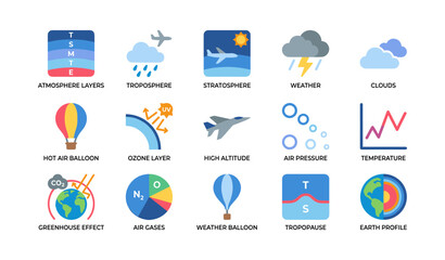 Fototapeta premium Atmosphere and weather icons arranged on white background