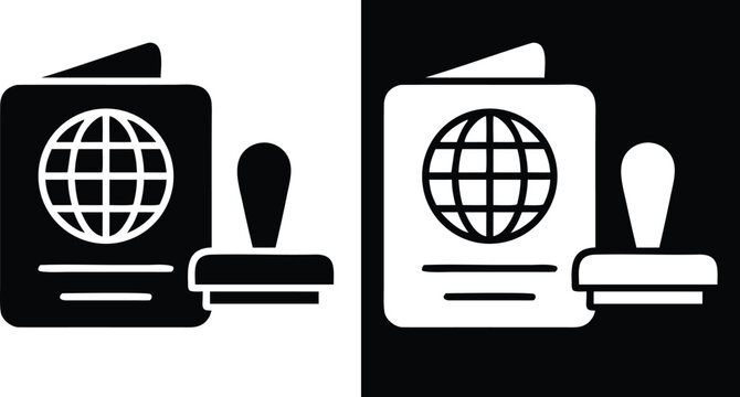 Passport And Rubber Stamp Icon Set With Globe Symbol On Documents Travel And Identification Purpose