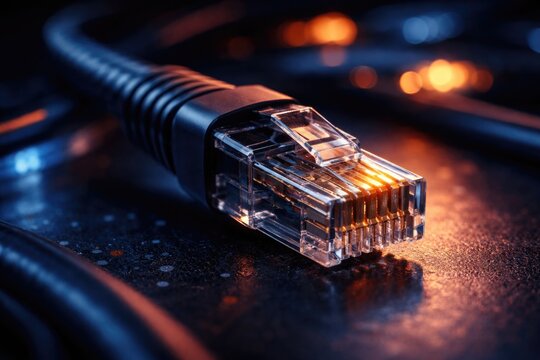 Focused capture of a robust network cable end symbolizing technology links on a dark surface