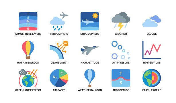 Atmosphere and weather icons arranged on white background
