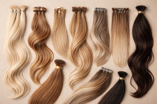 Varied hair extension pieces positioned against an even toned neutral background
