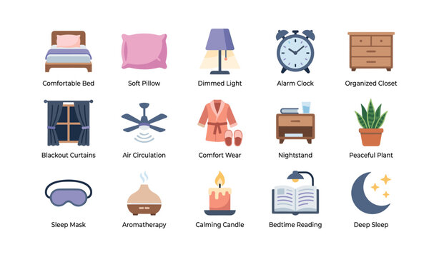 Bedroom sleep essentials icons arranged on white background