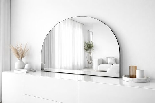 Modern room with sleek mirror design displayed on crisp white surface