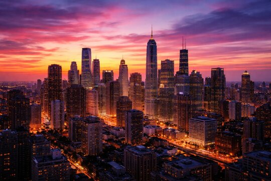 multicolored city skyline basking in the warm glow of dusk