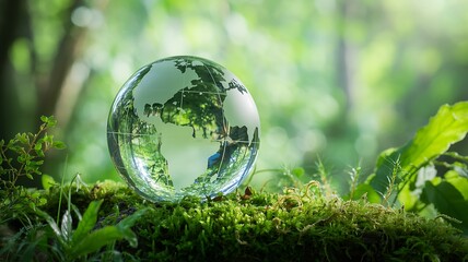 Transparent globe crystal on green moss with environmental sustainability concept
