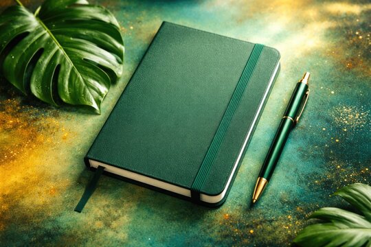 Green themed notebook paired with pen and leaf on striking colorful surface for writing