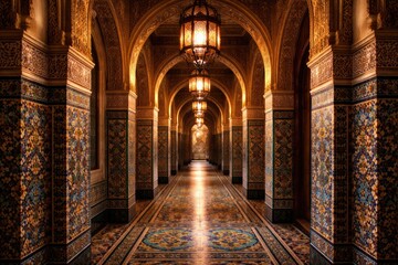 Fototapeta premium Intricately tiled corridor bathed in light from decorative hanging lamps within vibrant architecture