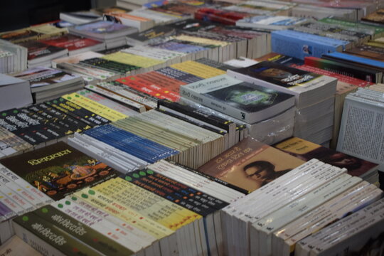 New Delhi, India, January 10 2026 - Variety of Books on shelf inside a book-stall at Delhi International Book Fair, Selection of books on display in Annual Book Fair at Bharat Mandapam complex