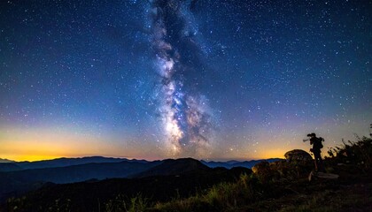 Fototapeta premium Starry night sky with Milky Way over silhouetted mountains; person photographing celestial scene