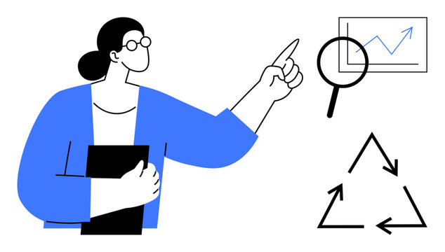 Data analysis, sustainability, business strategy, environmental awareness, research, recycling. Businesswoman holding a folder, pointing at a chart showing a recycling symbol. Data analysis
