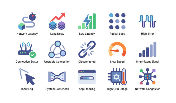 Network performance icons depicting common connectivity issues