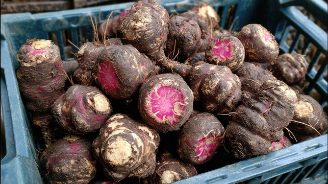 Freshly harvested maca roots in a crate for healthy nutrition
