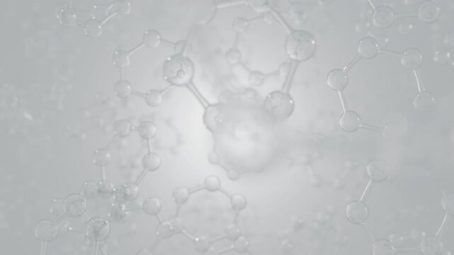 Abstract molecular structure on white background for science and medical research. Transparent molecule bond 3D model illustrating chemistry, biology, biotechnology, and innovative pharmaceutical conc