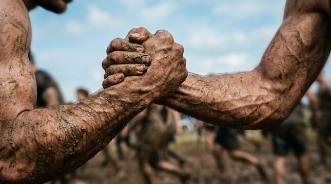 Strong Muddy Hands Locked Together in Extreme Endurance Race Unity