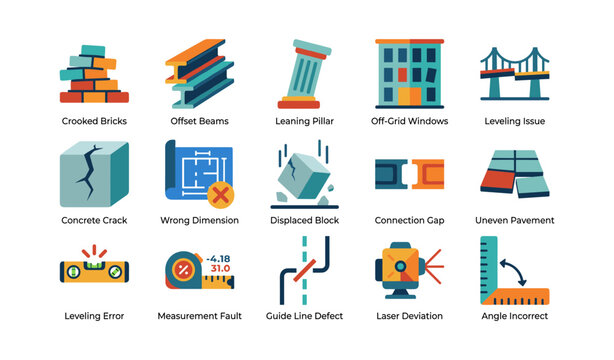 Construction and measurement icons showing structural defects