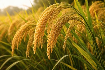 Fototapeta premium Mature rice ears bending heavy on slender stalks