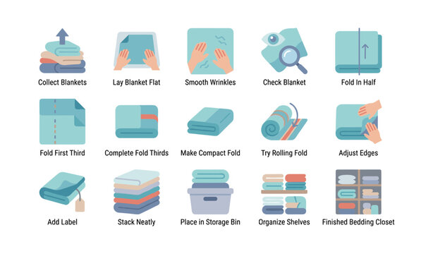 Blanket folding and storage icons arranged on white background