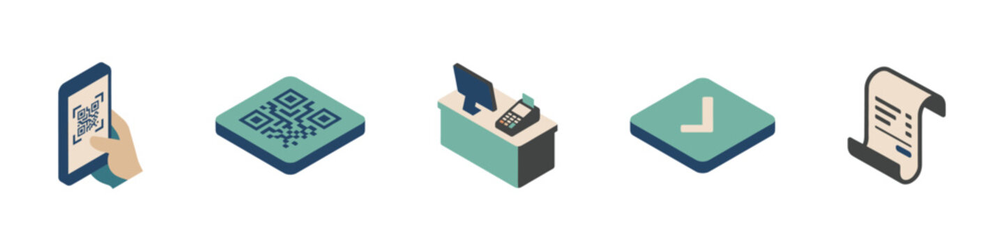 QR code payment and retail checkout isometric icon set vector illustration