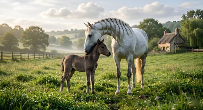 White mare with foal standing in peaceful countryside meadow at sunrise with rustic rural landscape