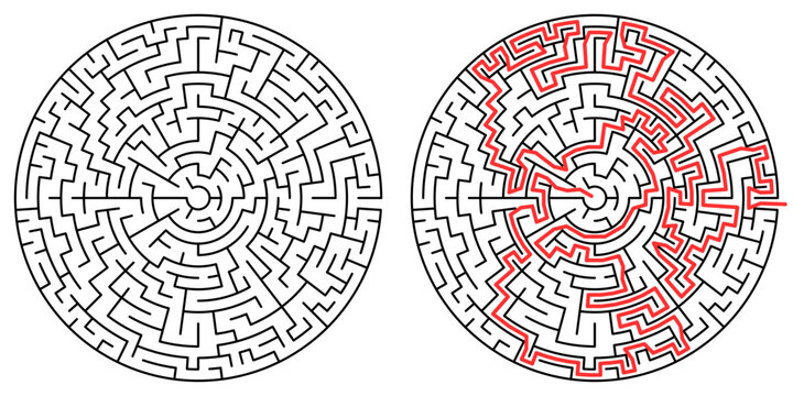 Round maze puzzle with red highlighted solution path