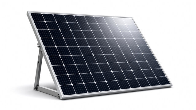 A freestanding solar panel on a clean white background, showcasing its photovoltaic cells and metallic frame, symbolizing renewable energy and sustainable power generation