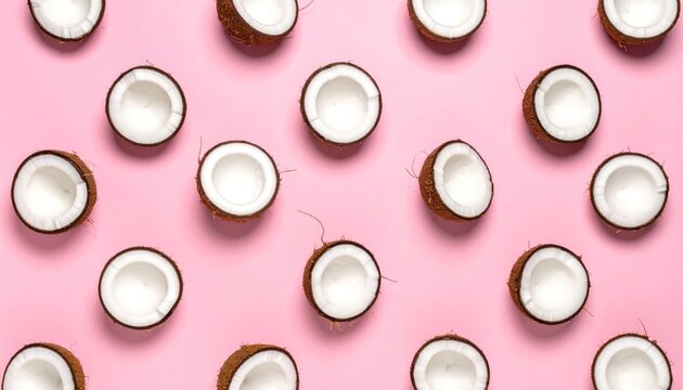 Halved coconuts arrayed on a pastel pink background create a minimalist, tropical visual pattern