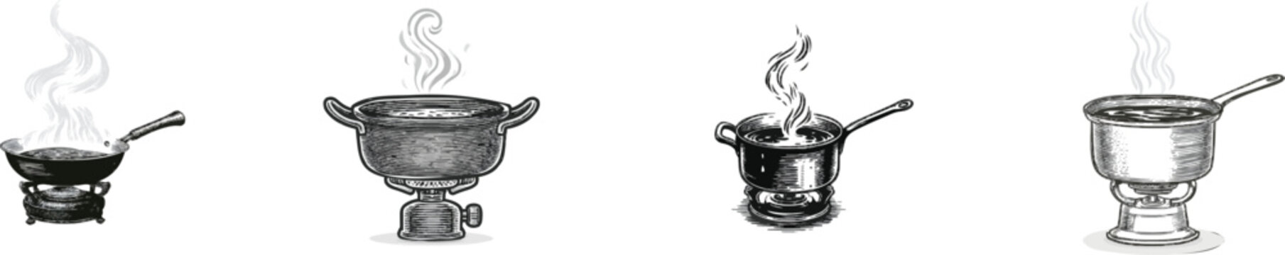 A vintage monochrome line art illustration depicts a steaming pot of spicy hot pot broth over a portable butane gas burner, with intricate cross-hatching and stippling for rich texture against a pure