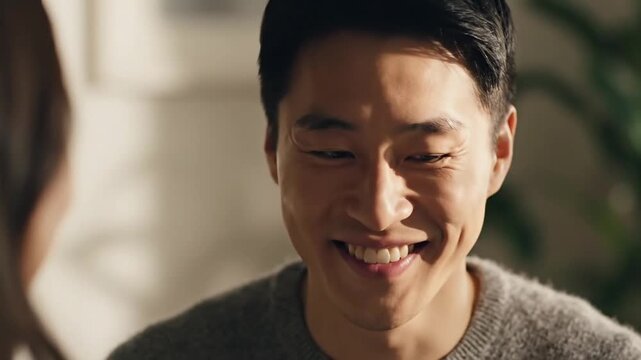 Close up Potrait of a Happy Smiling Asian Man in Gray Sweater having Conversation in Sunlit Indoor Background
