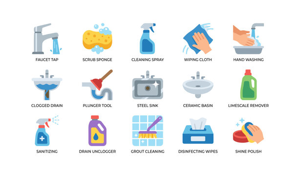 Cleaning supplies and sink maintenance icons on white background