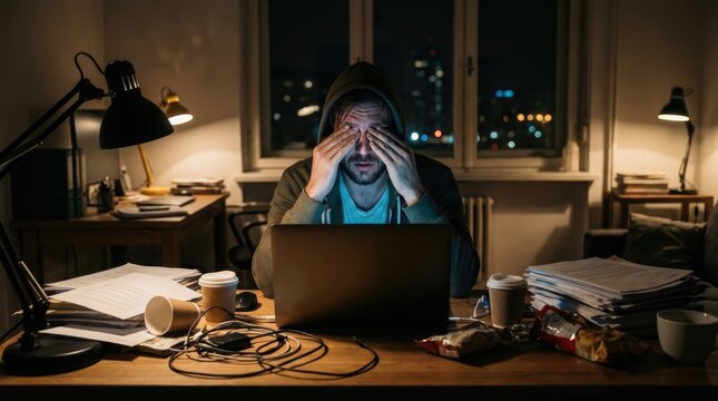 Exhausted man in a hoodie, rubbing his strained eyes due to prolonged late-night computer usage, depicting overwork, mental fatigue, and stress from intense digital labor, deadline pressure