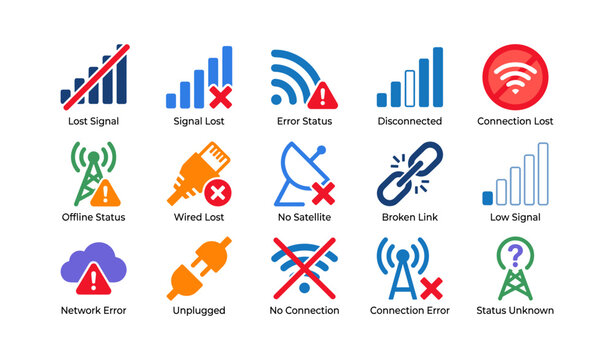 Connection and signal error icons arranged on white background