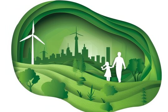 Paper art cutout of family with child, green environment and wind power plant for earth day eco concept