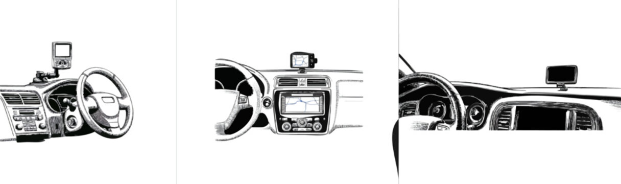 A vintage monochrome line art illustration of a cars dashboard with intricate cross-hatching and stippling, showcasing a simple GPS device mounted on the windshield