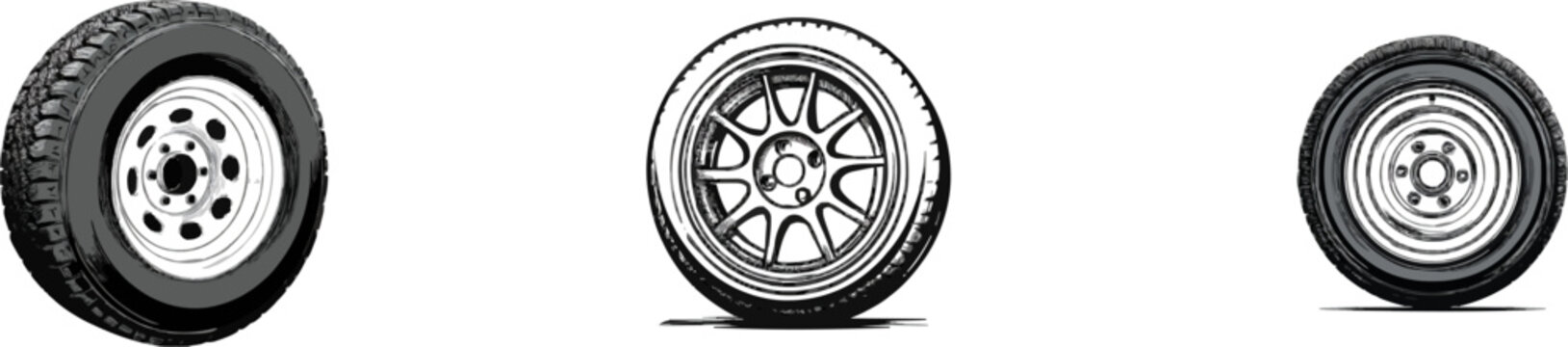 A meticulously detailed black and white tire with intricate cross-hatching and stippling sits on a plain hubcap against a pure white background, capturing the essence of an everyday travel moment in