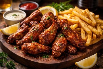 Fototapeta premium Wooden platter holding crispy chicken wings paired with lemon and crunchy fries