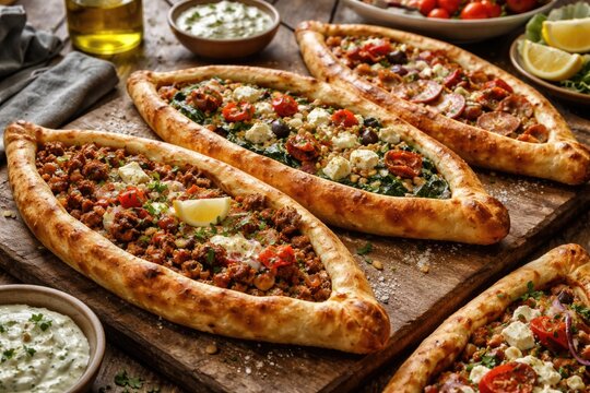 Freshly baked Greek pide with diverse flavorful fillings