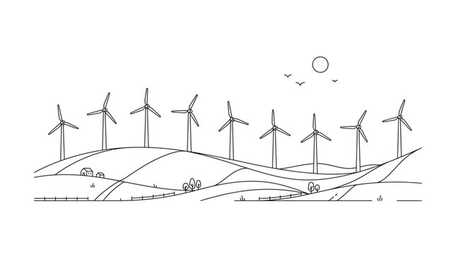 Hand drawn doodle sketch of a wind farm landscape with rolling hills.