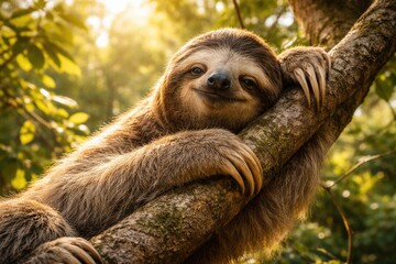 Fototapeta premium Relaxed sloth grasping a branch in a sunny outdoor setting