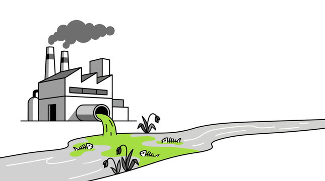 Industrial factory polluting a river with toxic waste illustration.