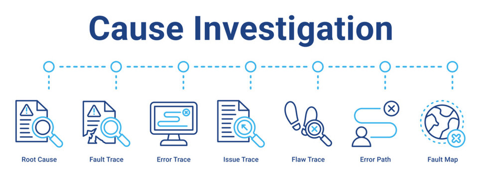 Cause Investigation web banner icon vector illustration concept for business with icon of Root Cause, Fault Trace, Error Trace, Issue Trace, Flaw Trace, Error Path, Fault.