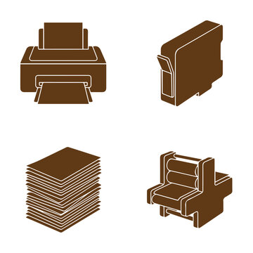 Printing services icons including desktop printer ink and paper stack