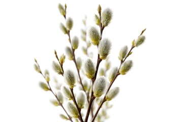 Fototapeta premium White background featuring a young willow bush adorned with soft spring pussy willow buds in bloom